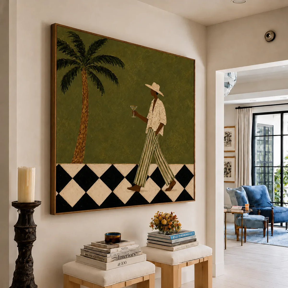 Palm Stroll and Checkered Floor Wall Art styled interior scene 4 | Olyrel