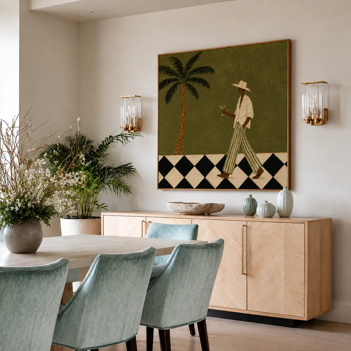 Palm Stroll and Checkered Floor Wall Art styled interior scene 5 | Olyrel