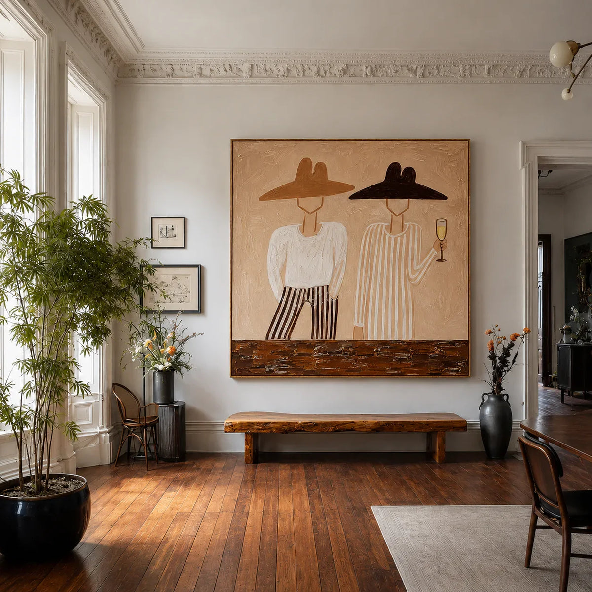 Two Figures in Wide-Brim Hats Wall Art styled interior scene 2 | Olyrel
