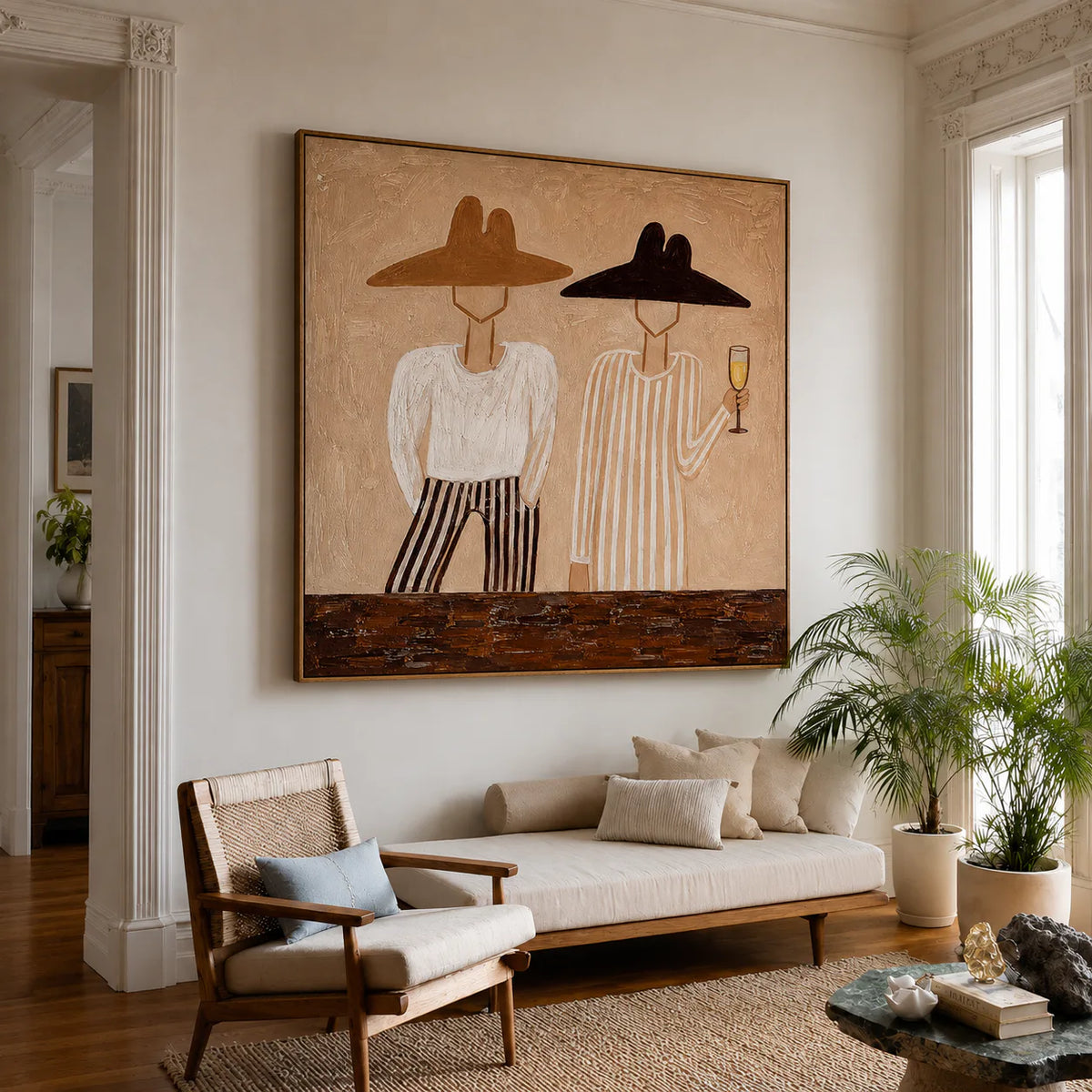 Two Figures in Wide-Brim Hats Wall Art styled interior scene 3 | Olyrel