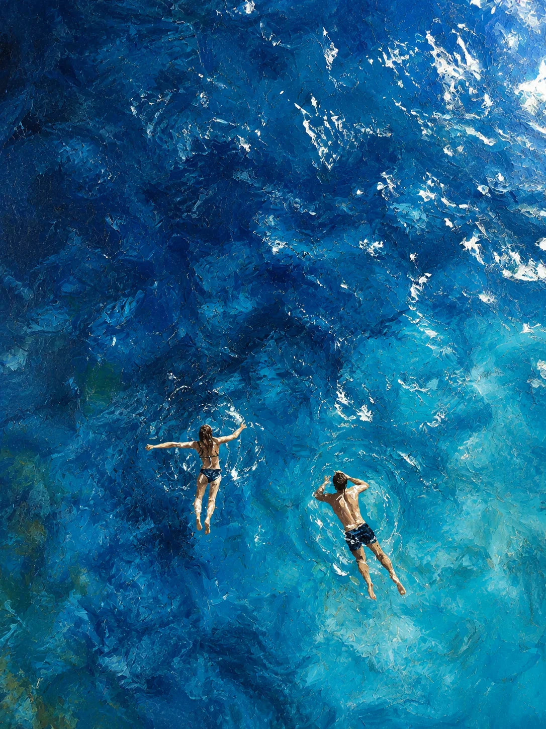 Two Swimmers in Deep Blue Water Wall Art artwork view | Olyrel