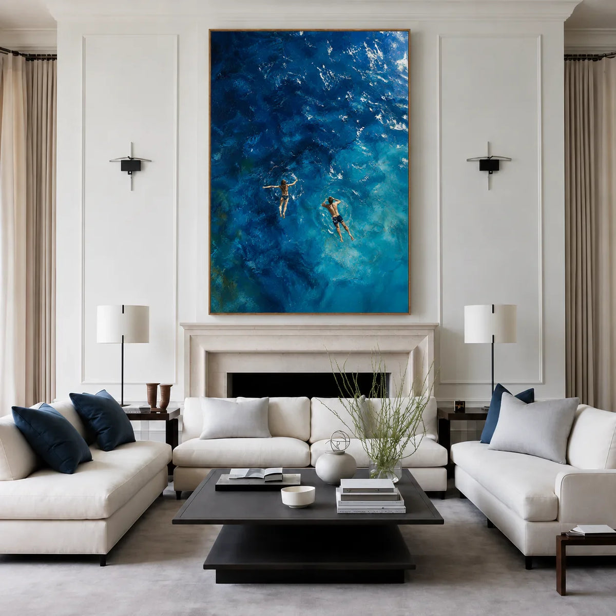 Two Swimmers in Deep Blue Water Wall Art styled interior scene 5 | Olyrel