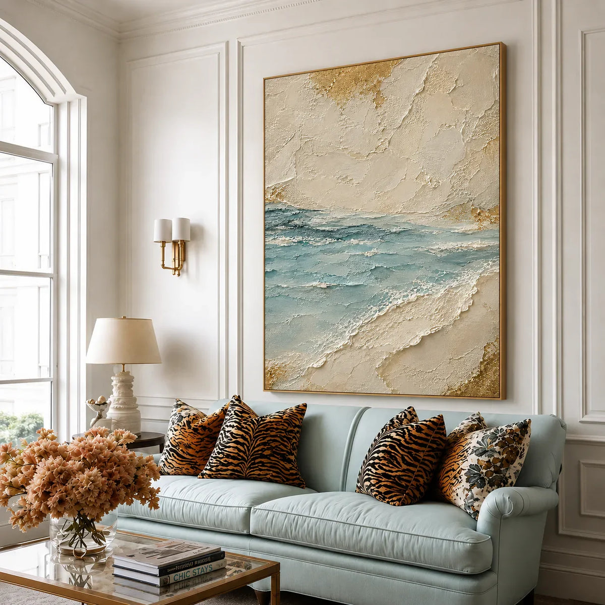 Aqua Tide and Golden Sand Textured Wall Art styled interior scene 3 | Olyrel
