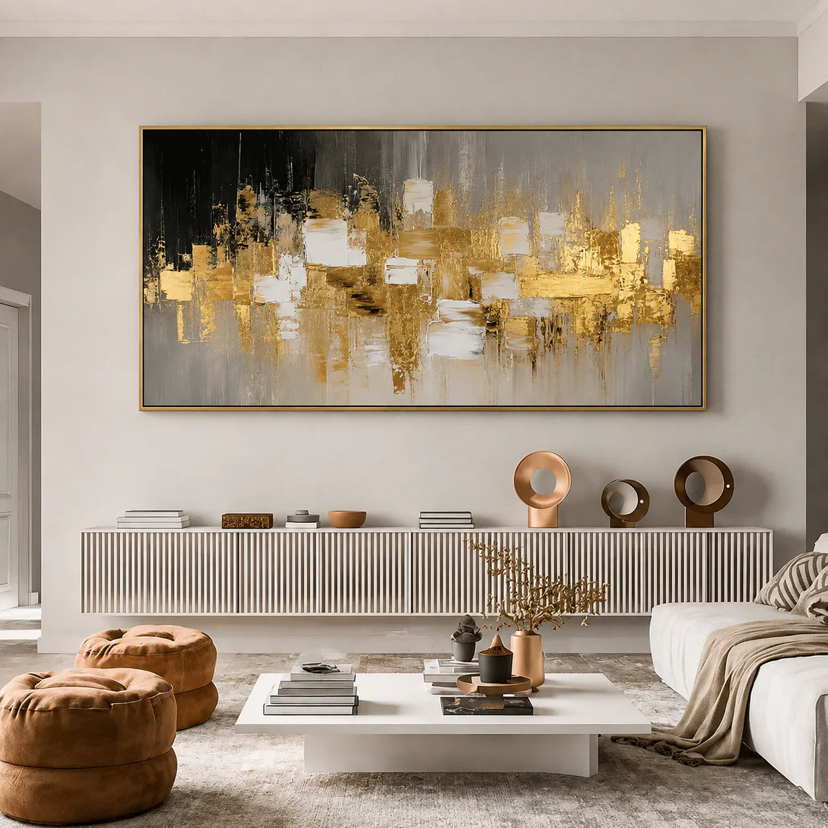 Gold Mosaic on Charcoal Panoramic Abstract Wall Art styled interior scene 1 | Olyrel