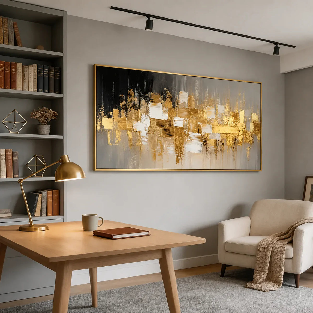 Gold Mosaic on Charcoal Panoramic Abstract Wall Art styled interior scene 2 | Olyrel
