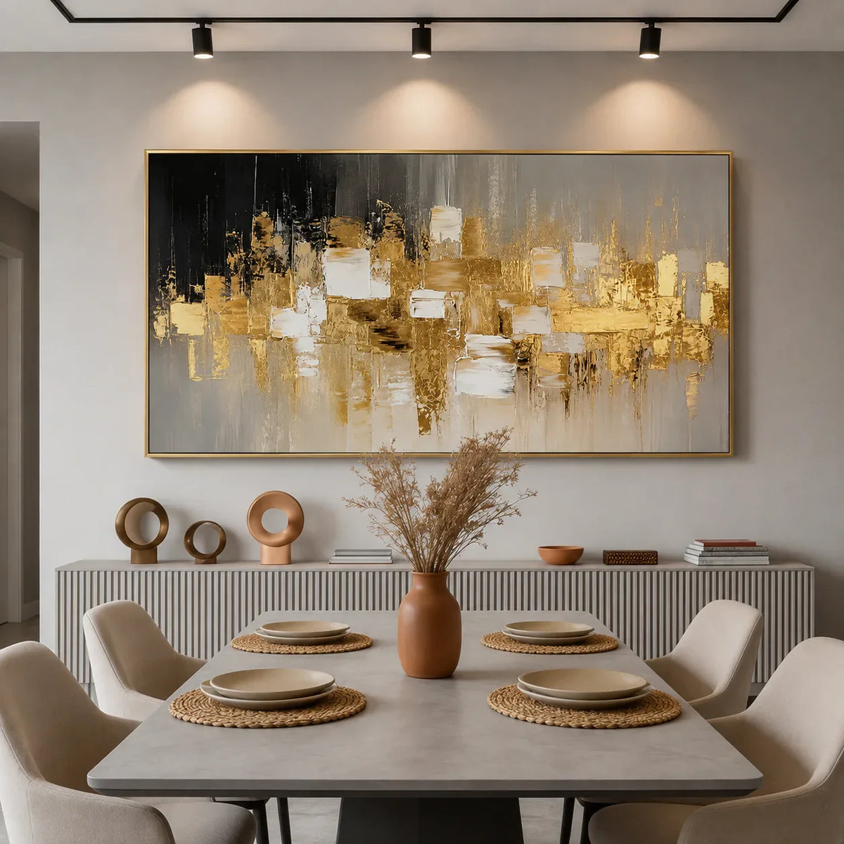 Gold Mosaic on Charcoal Panoramic Abstract Wall Art styled interior scene 3 | Olyrel
