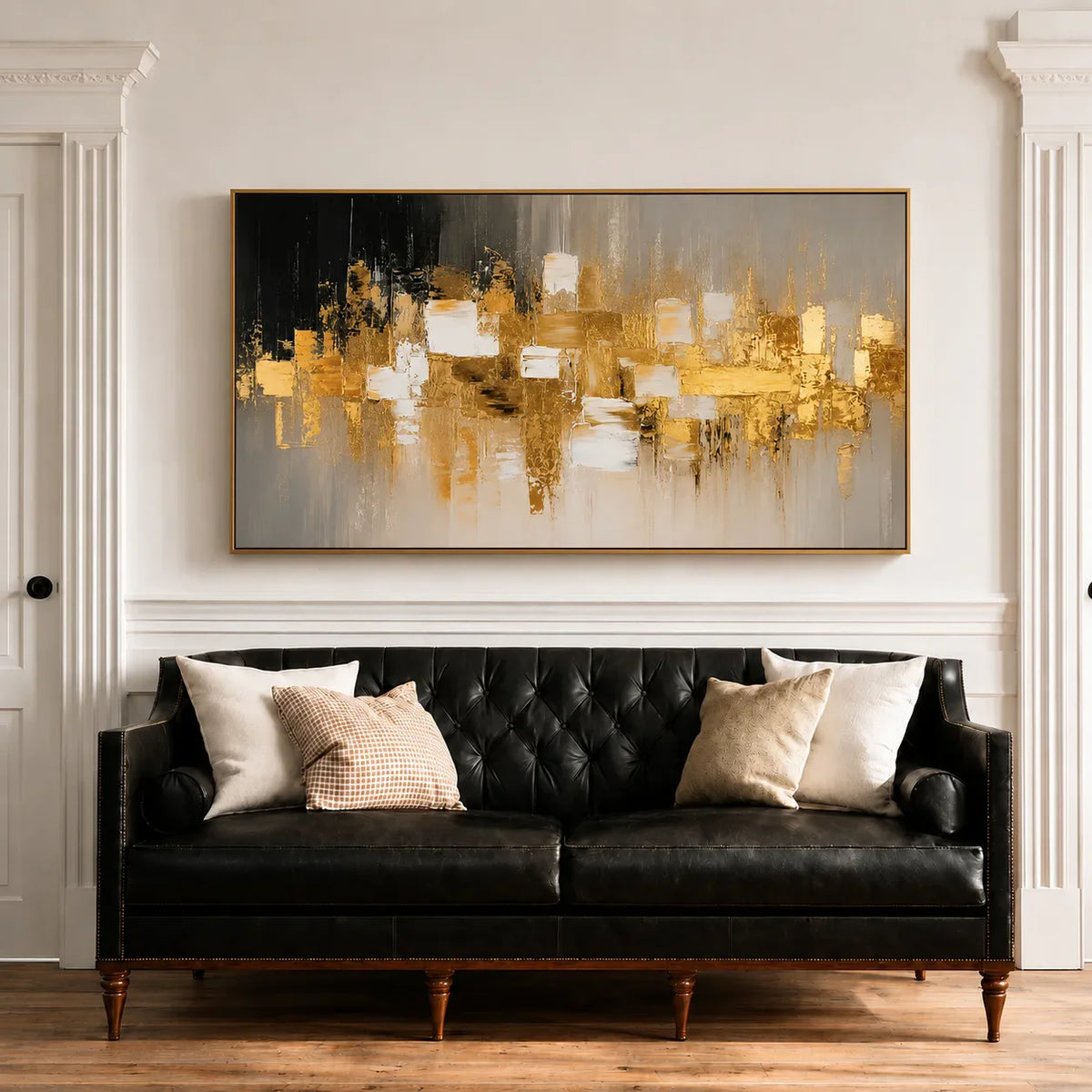Gold Mosaic on Charcoal Panoramic Abstract Wall Art styled interior scene 5 | Olyrel