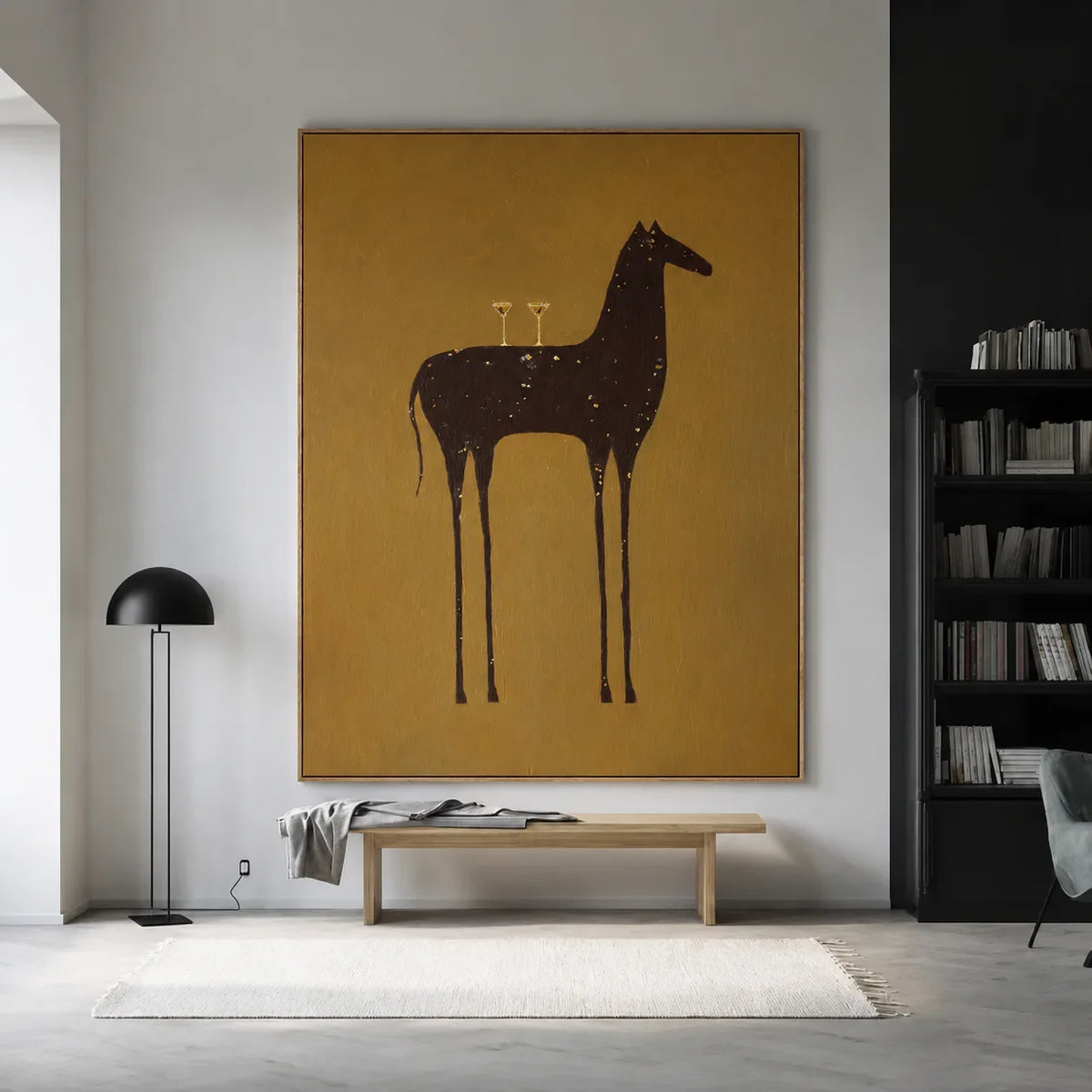 Long-Legged Horse with Two Glasses on Ochre Wall Art styled interior scene 2 | Olyrel