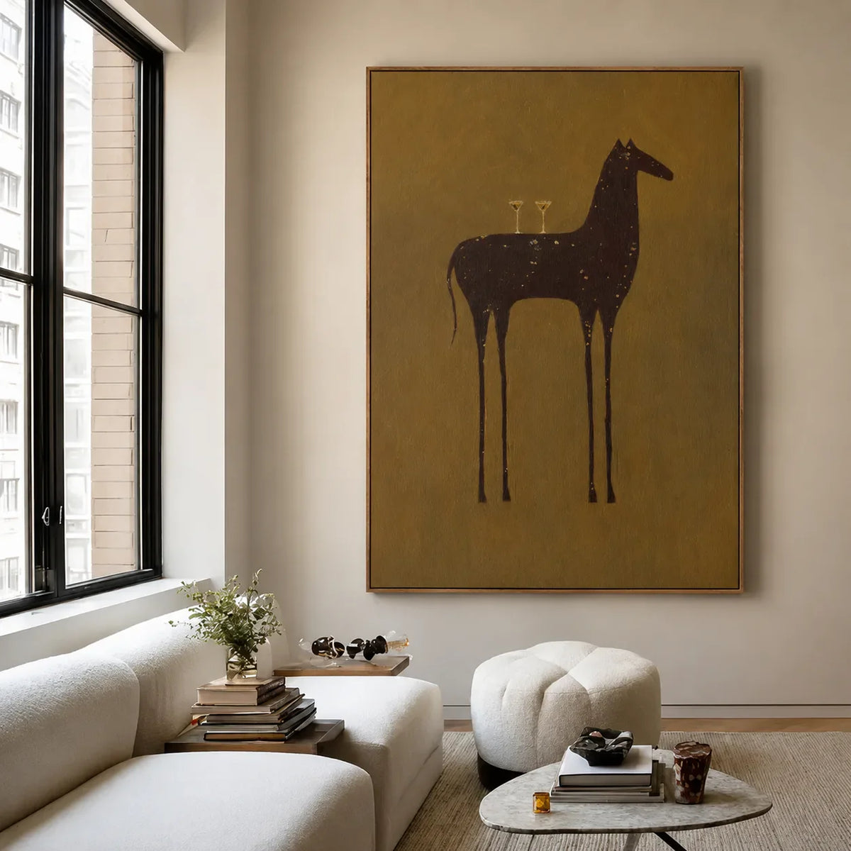 Long-Legged Horse with Two Glasses on Ochre Wall Art styled interior scene 4 | Olyrel