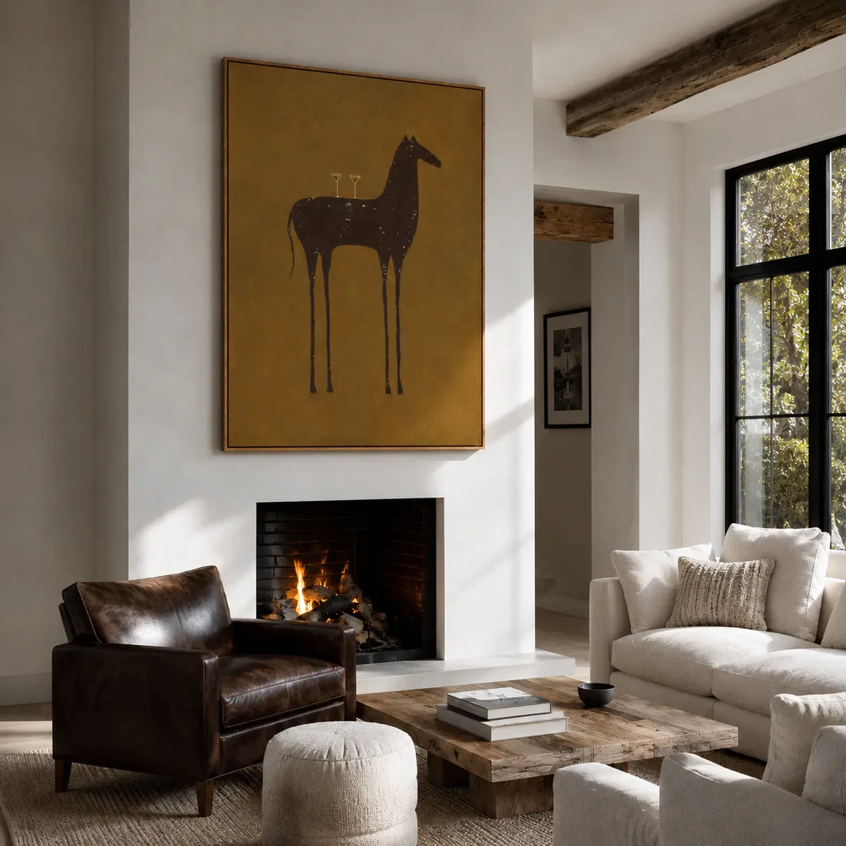 Long-Legged Horse with Two Glasses on Ochre Wall Art styled interior scene 5 | Olyrel
