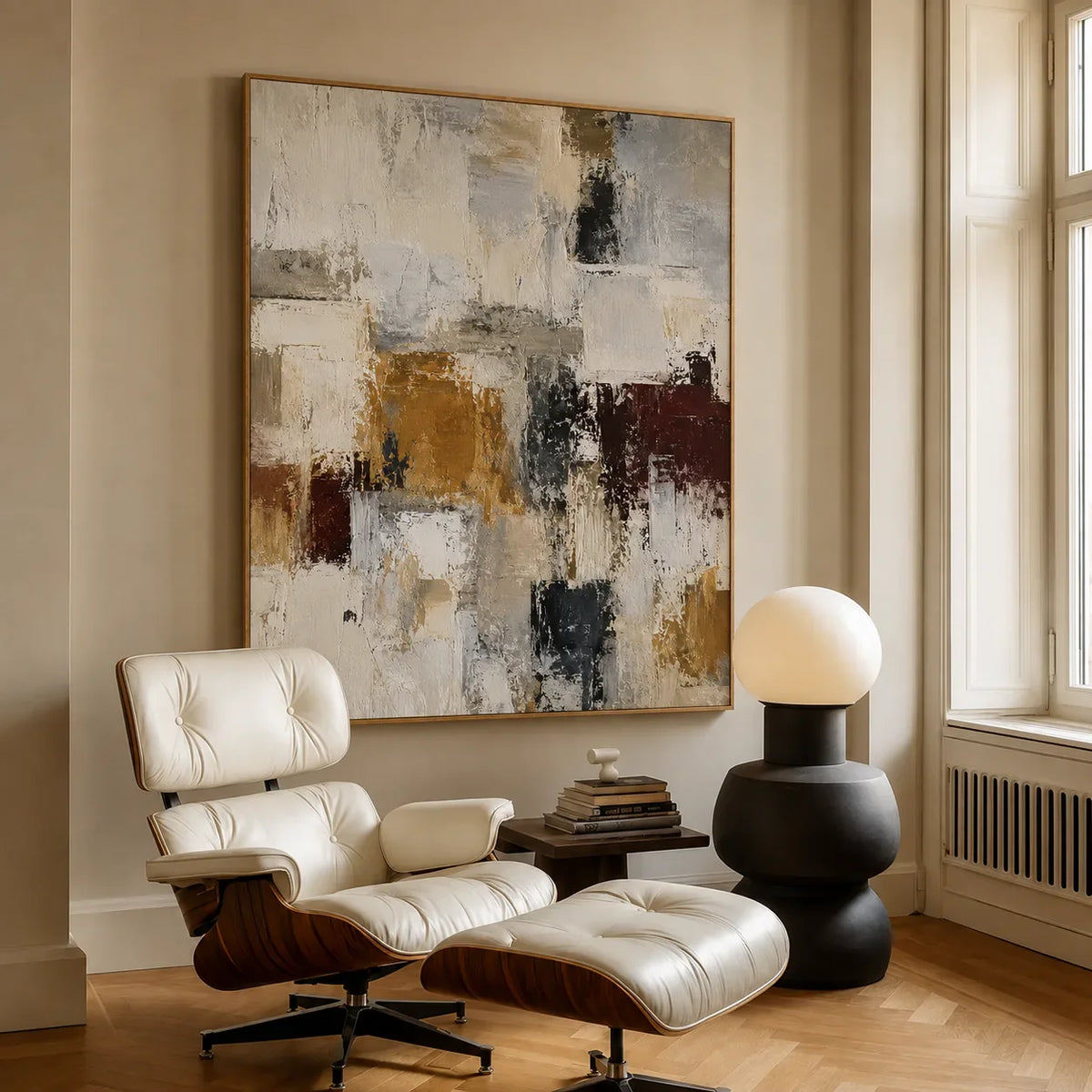 Ochre and Burgundy Blocks on Ivory Abstract Wall Art styled interior scene 1 | Olyrel