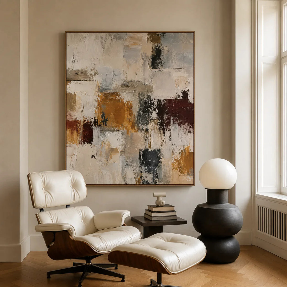 Ochre and Burgundy Blocks on Ivory Abstract Wall Art styled interior scene 5 | Olyrel