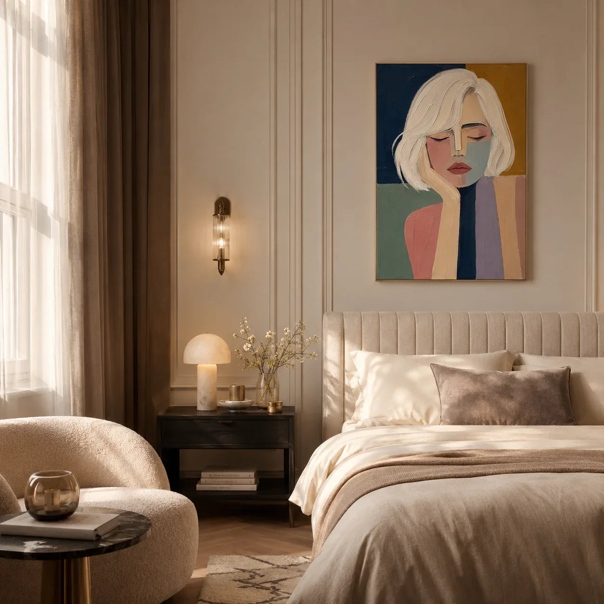 Blonde Reverie Portrait Wall Art styled in a bedroom | Olyrel