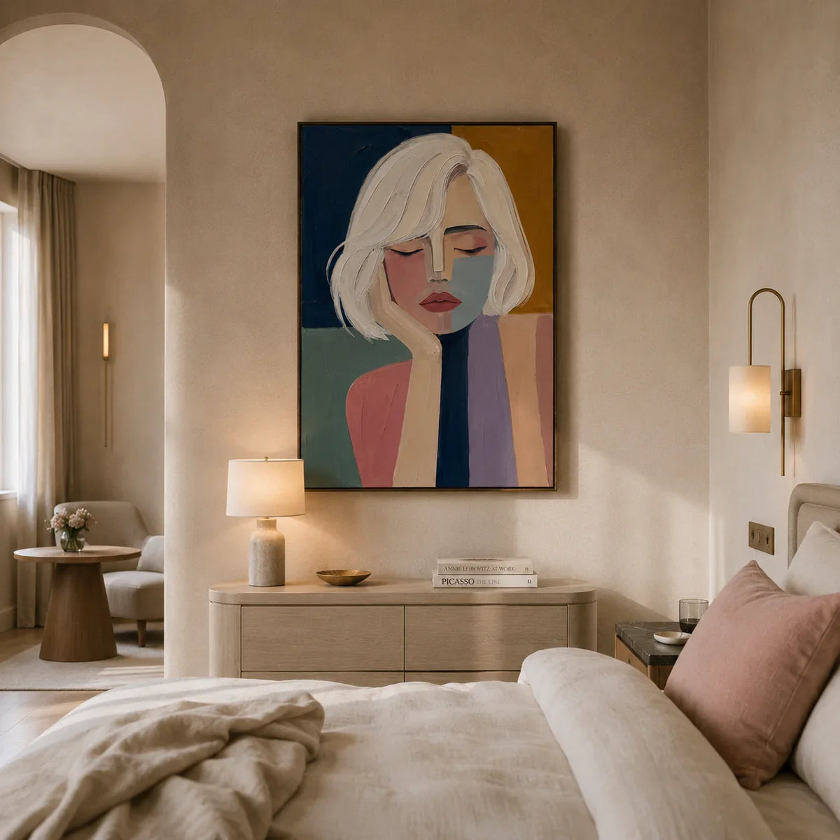 Blonde Reverie Portrait Wall Art styled in a bedroom | Olyrel