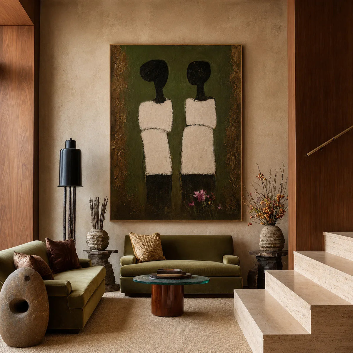 Two Cream-Clad Figures on Olive Green Wall Art styled interior scene 2 | Olyrel