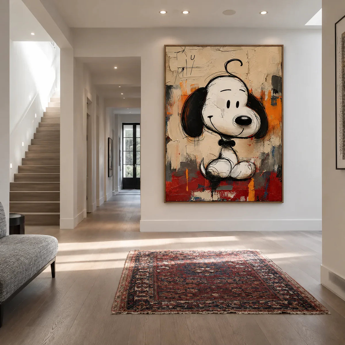 Black-Eared Cartoon Puppy on a Colorful Ground Wall Art styled interior scene 1 | Olyrel