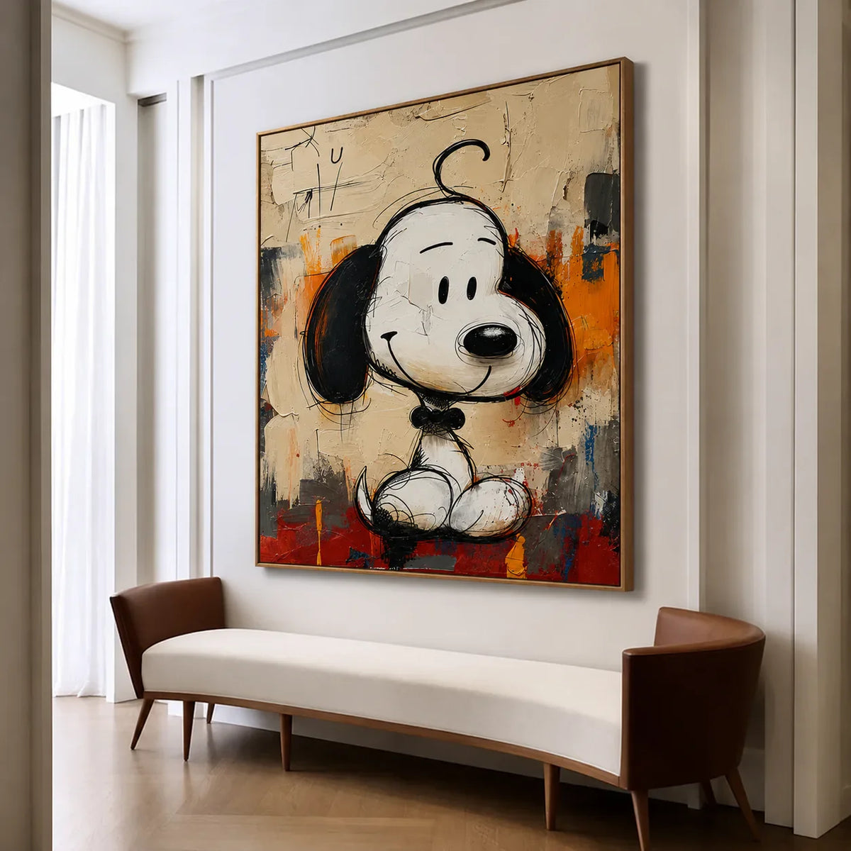 Black-Eared Cartoon Puppy on a Colorful Ground Wall Art styled interior scene 3 | Olyrel