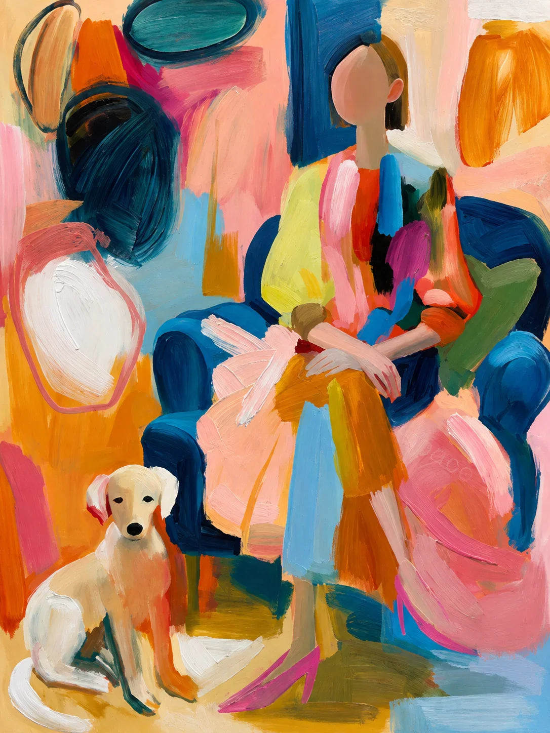 Colorful Seated Figure with a Golden Dog Wall Art artwork view | Olyrel