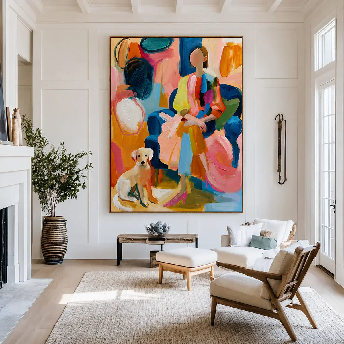 Colorful Seated Figure with a Golden Dog Wall Art styled interior scene 1 | Olyrel