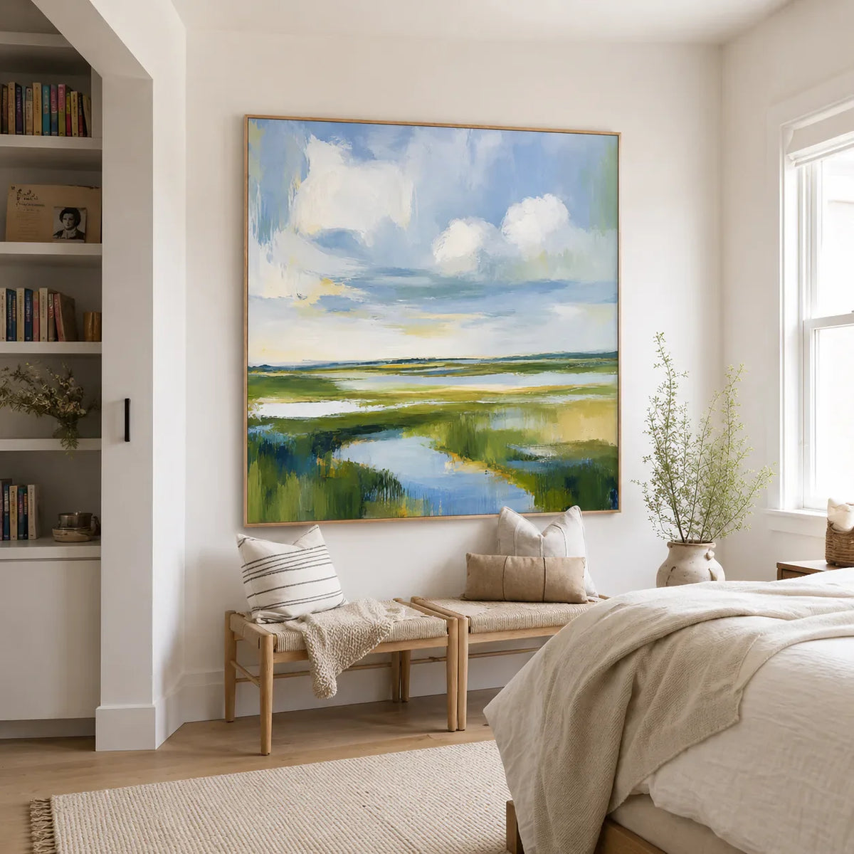 Clouds above a Winding Marsh Waterway Wall Art styled interior scene 1 | Olyrel