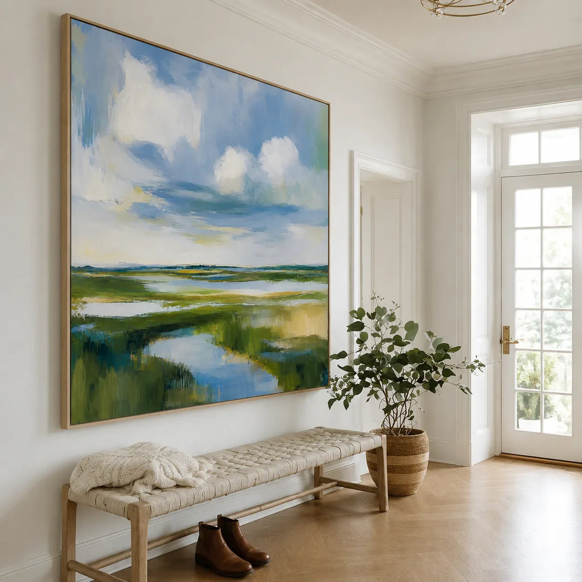 Clouds above a Winding Marsh Waterway Wall Art styled interior scene 4 | Olyrel