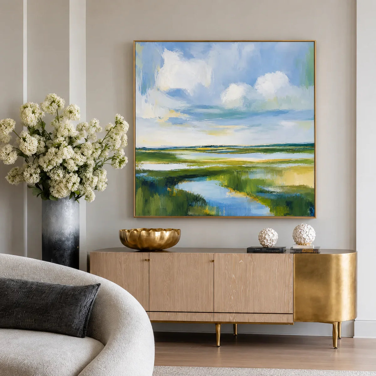 Clouds above a Winding Marsh Waterway Wall Art styled interior scene 5 | Olyrel