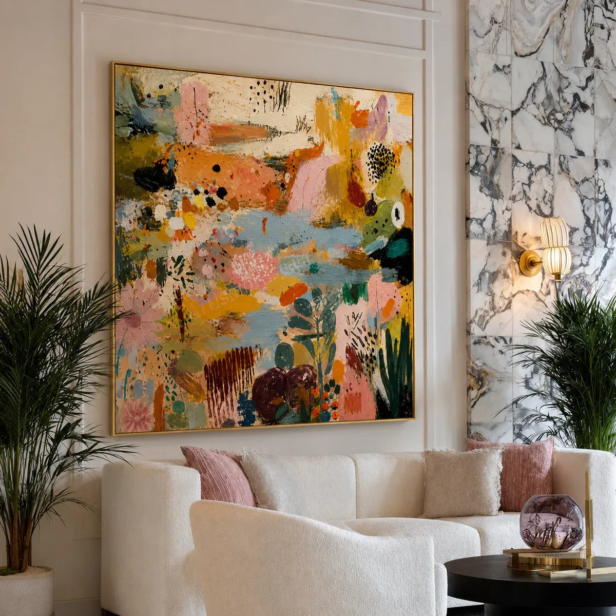 Pastel Garden Marks and Colorful Layers Wall Art styled interior scene 2 | Olyrel