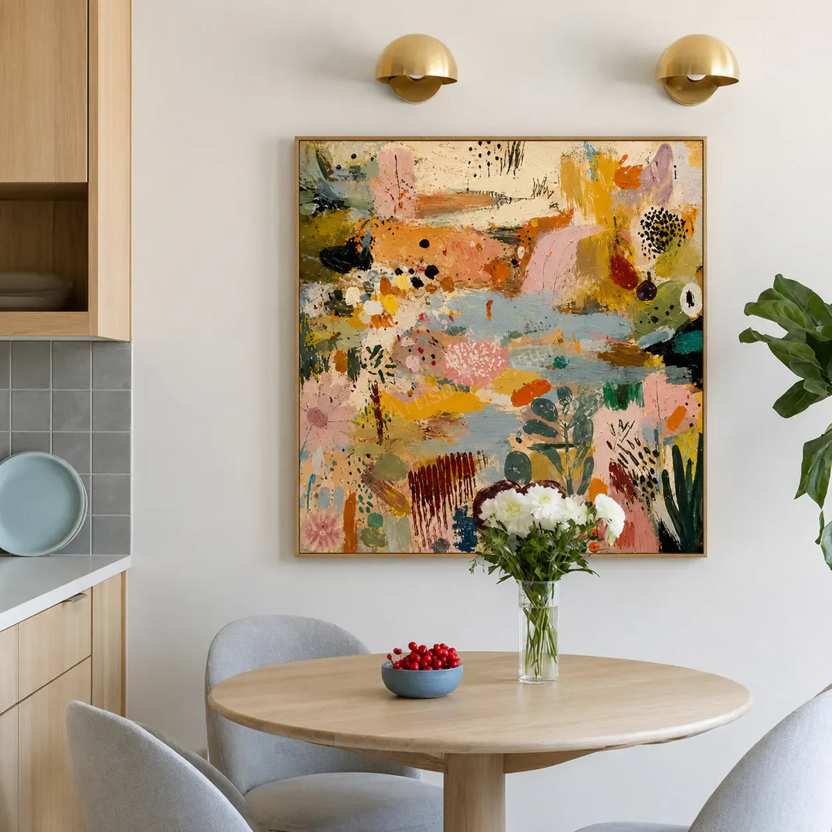 Pastel Garden Marks and Colorful Layers Wall Art styled interior scene 4 | Olyrel