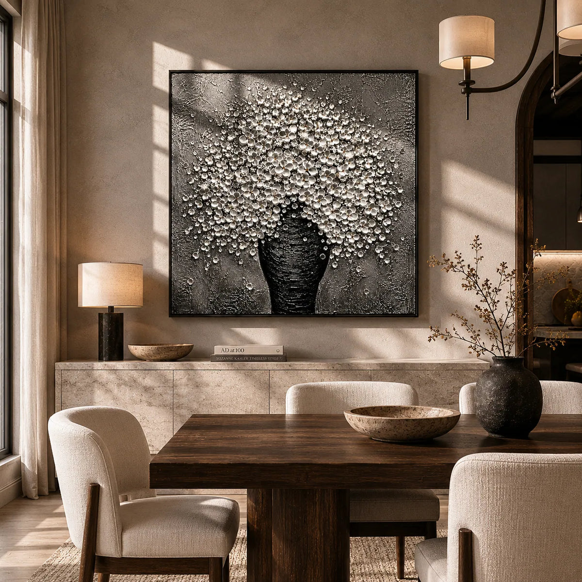 Silver Blossom Vase Wall Art shown in a quiet home office | Olyrel
