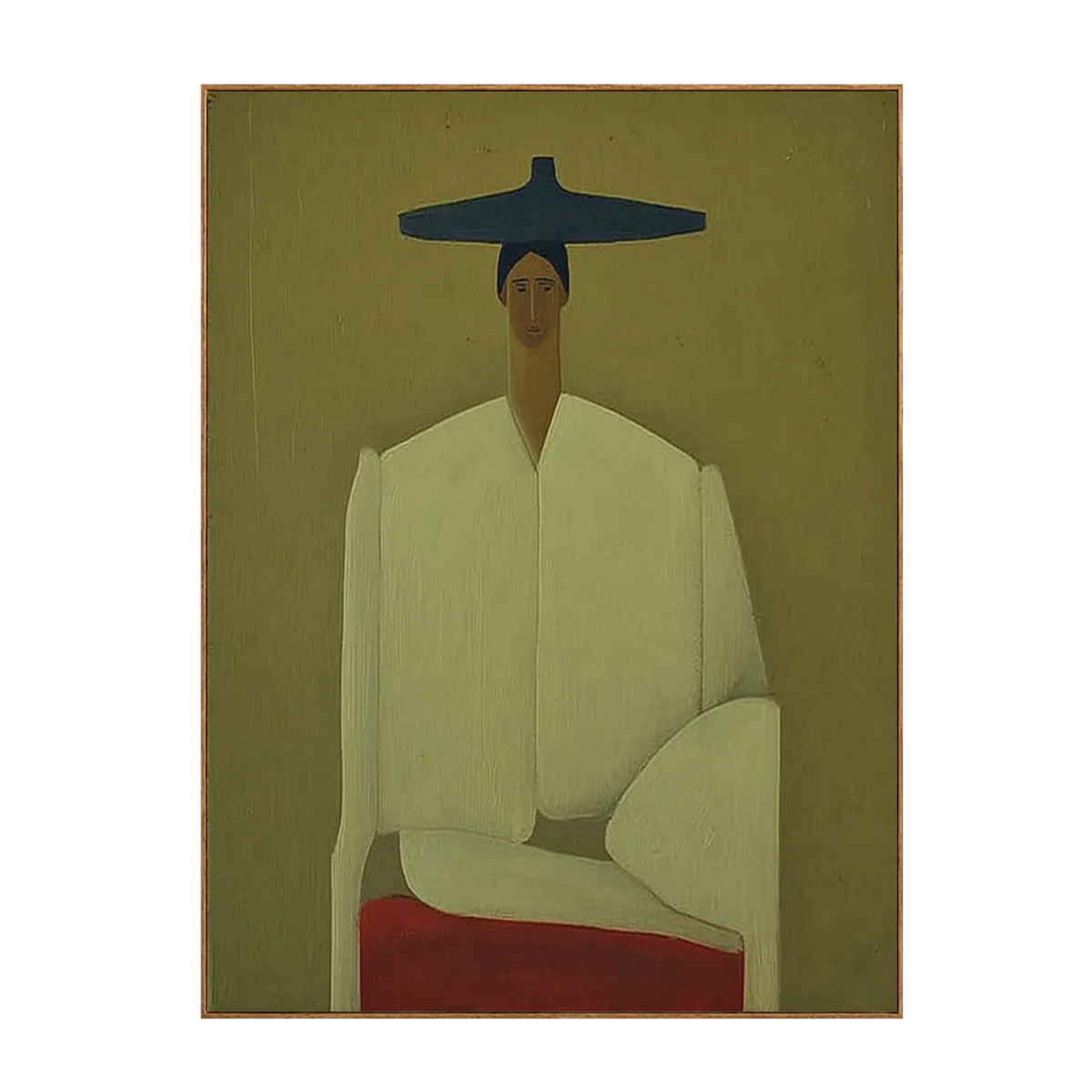 Seated Figure in Cream with a Wide Blue Hat Wall Art | Olyrel
