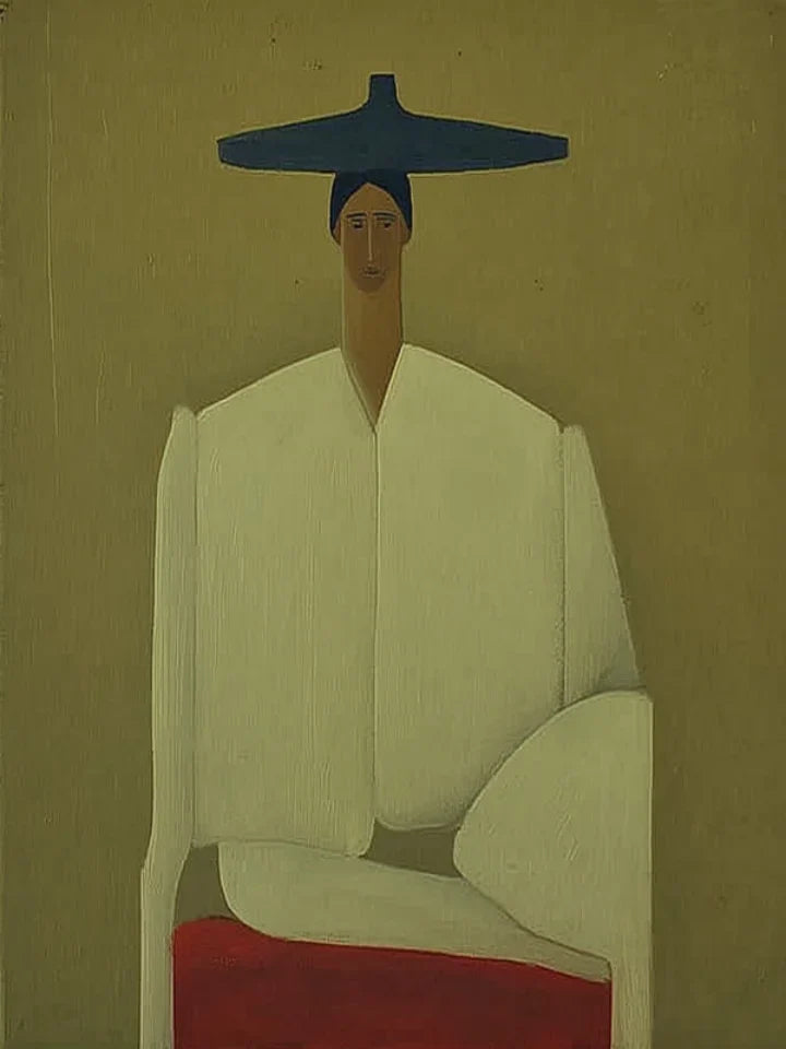 Seated Figure in Cream with a Wide Blue Hat Wall Art artwork view | Olyrel