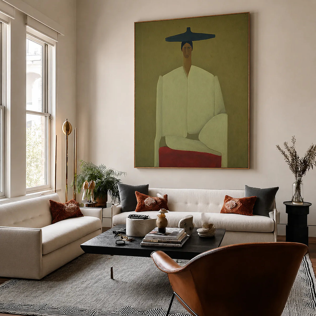 Seated Figure in Cream with a Wide Blue Hat Wall Art styled interior scene 1 | Olyrel