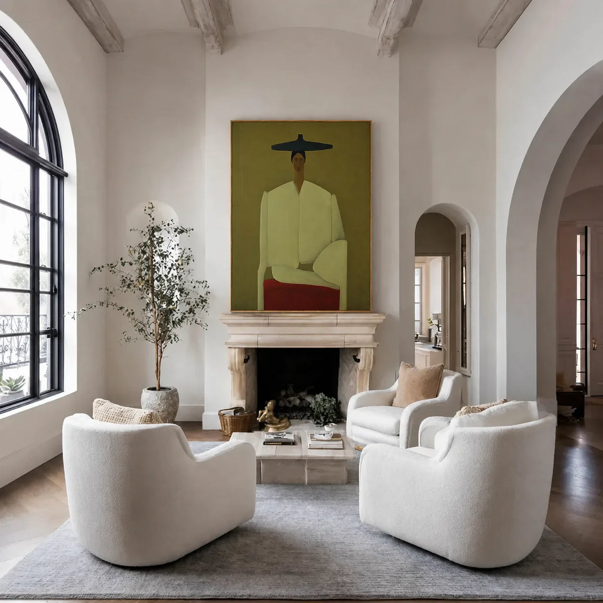 Seated Figure in Cream with a Wide Blue Hat Wall Art styled interior scene 5 | Olyrel