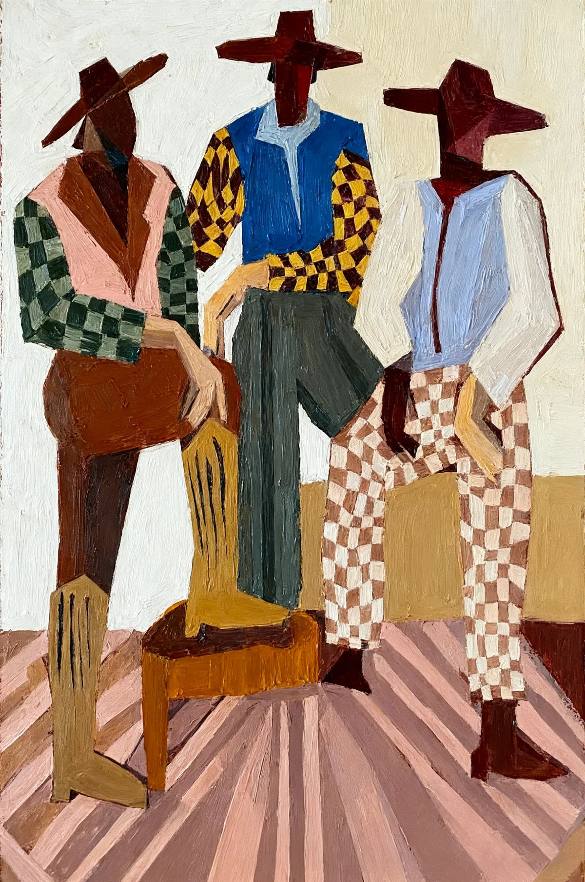Three Hat-Wearing Figures in Colorful Checks Wall Art artwork view | Olyrel
