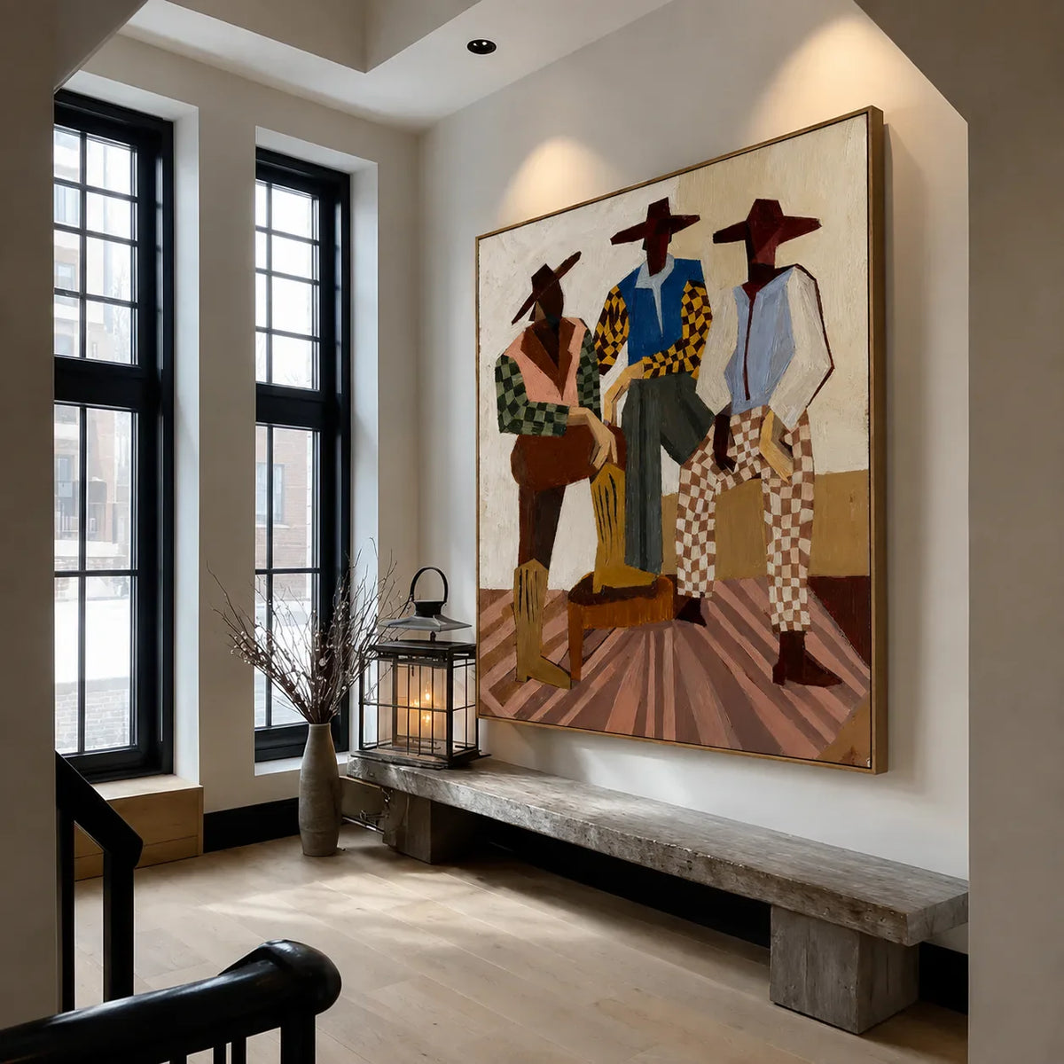 Three Hat-Wearing Figures in Colorful Checks Wall Art styled interior scene 5 | Olyrel