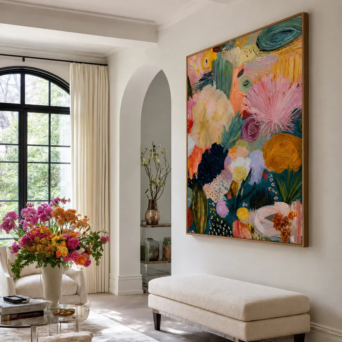 Pink Fan Flowers and Golden Blooms Wall Art styled interior scene 1 | Olyrel