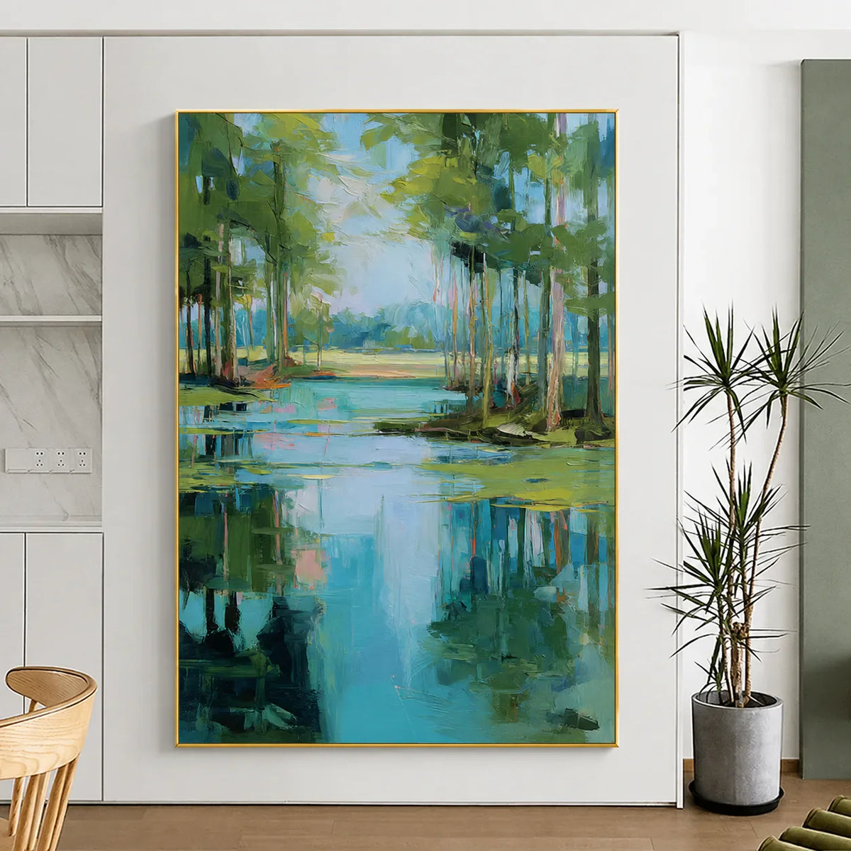 Turquoise Pond beneath Green Trees Wall Art styled interior scene 1 | Olyrel