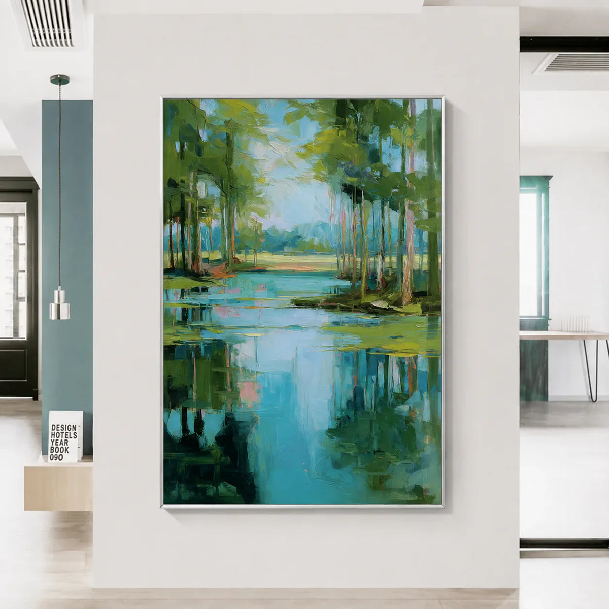 Turquoise Pond beneath Green Trees Wall Art styled interior scene 2 | Olyrel