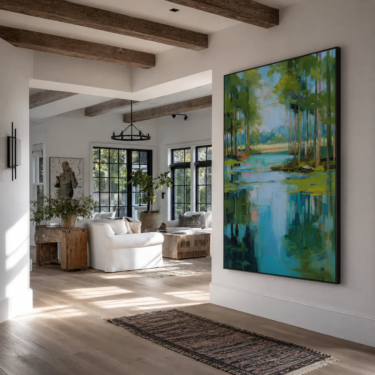 Turquoise Pond beneath Green Trees Wall Art styled interior scene 4 | Olyrel