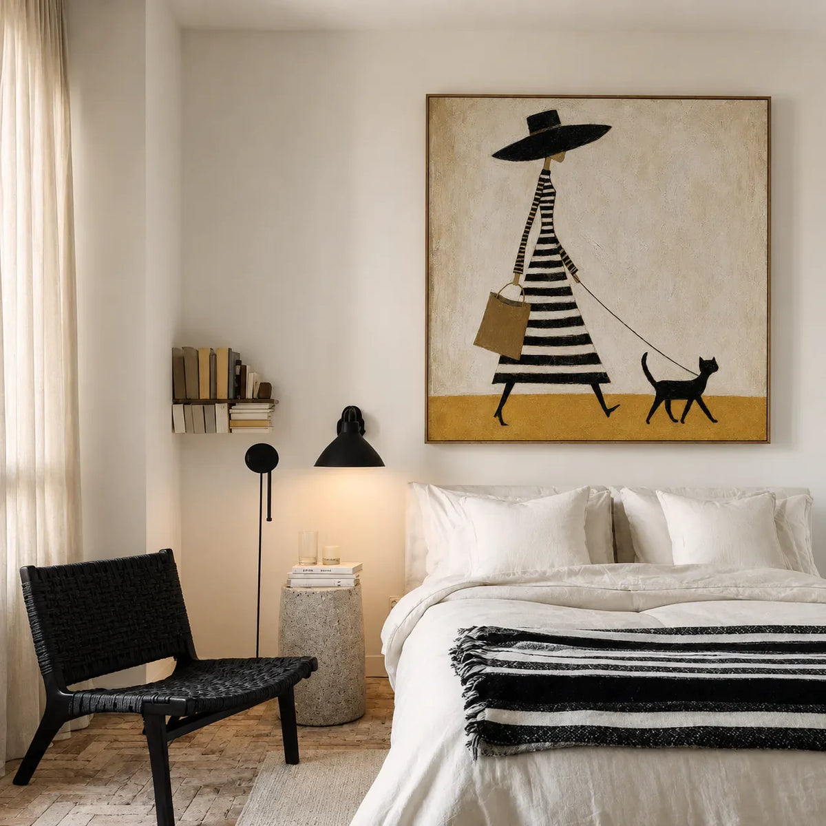 Striped Dress and Black Cat Stroll Wall Art styled interior scene 1 | Olyrel