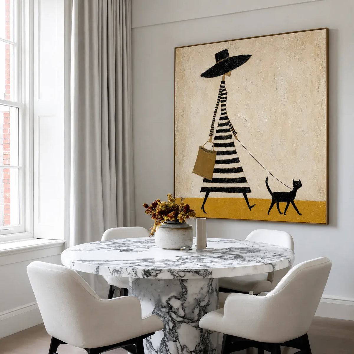 Striped Dress and Black Cat Stroll Wall Art styled interior scene 3 | Olyrel
