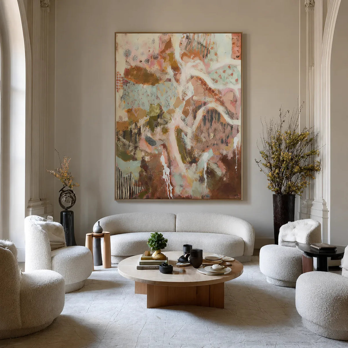 Winding Ivory Lines over Blush and Earth Abstract Wall Art styled interior scene 1 | Olyrel