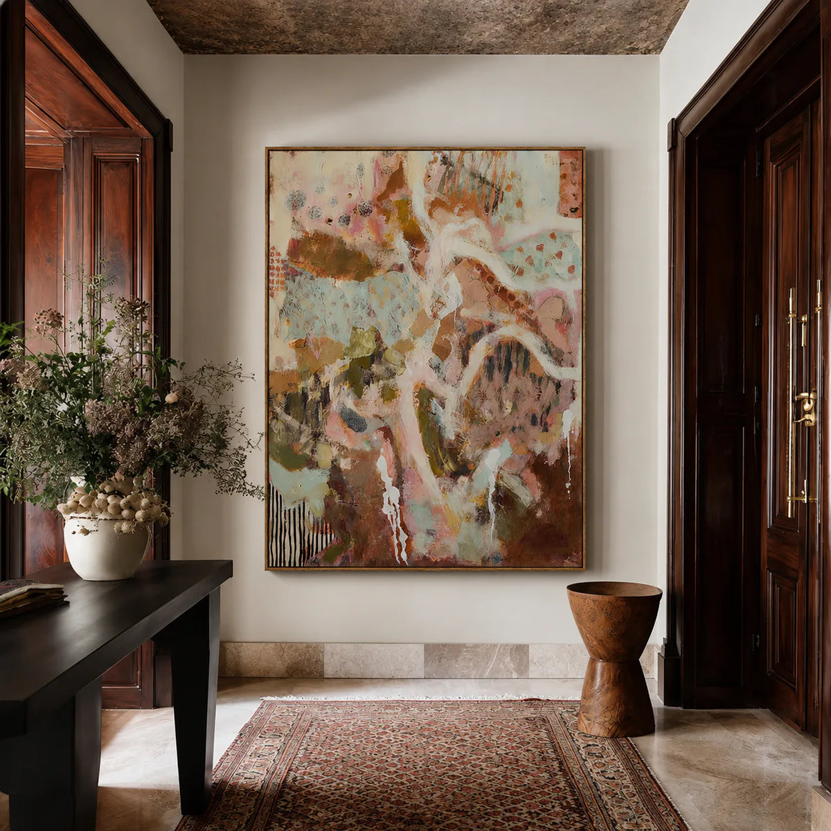 Winding Ivory Lines over Blush and Earth Abstract Wall Art styled interior scene 2 | Olyrel
