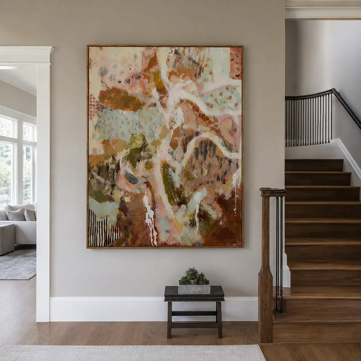 Winding Ivory Lines over Blush and Earth Abstract Wall Art styled interior scene 4 | Olyrel