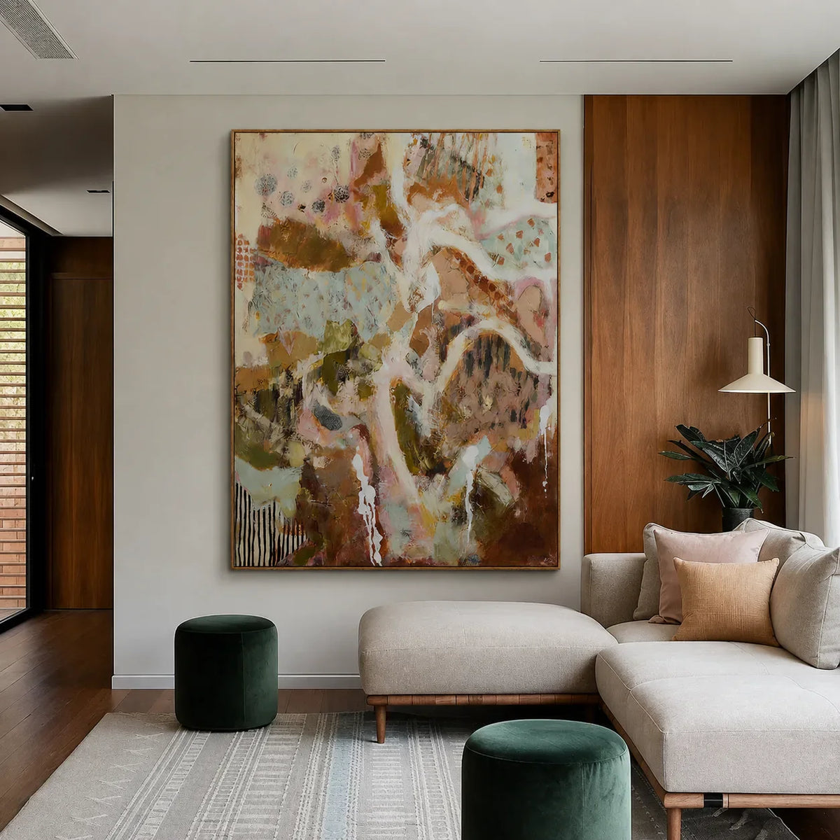 Winding Ivory Lines over Blush and Earth Abstract Wall Art styled interior scene 5 | Olyrel