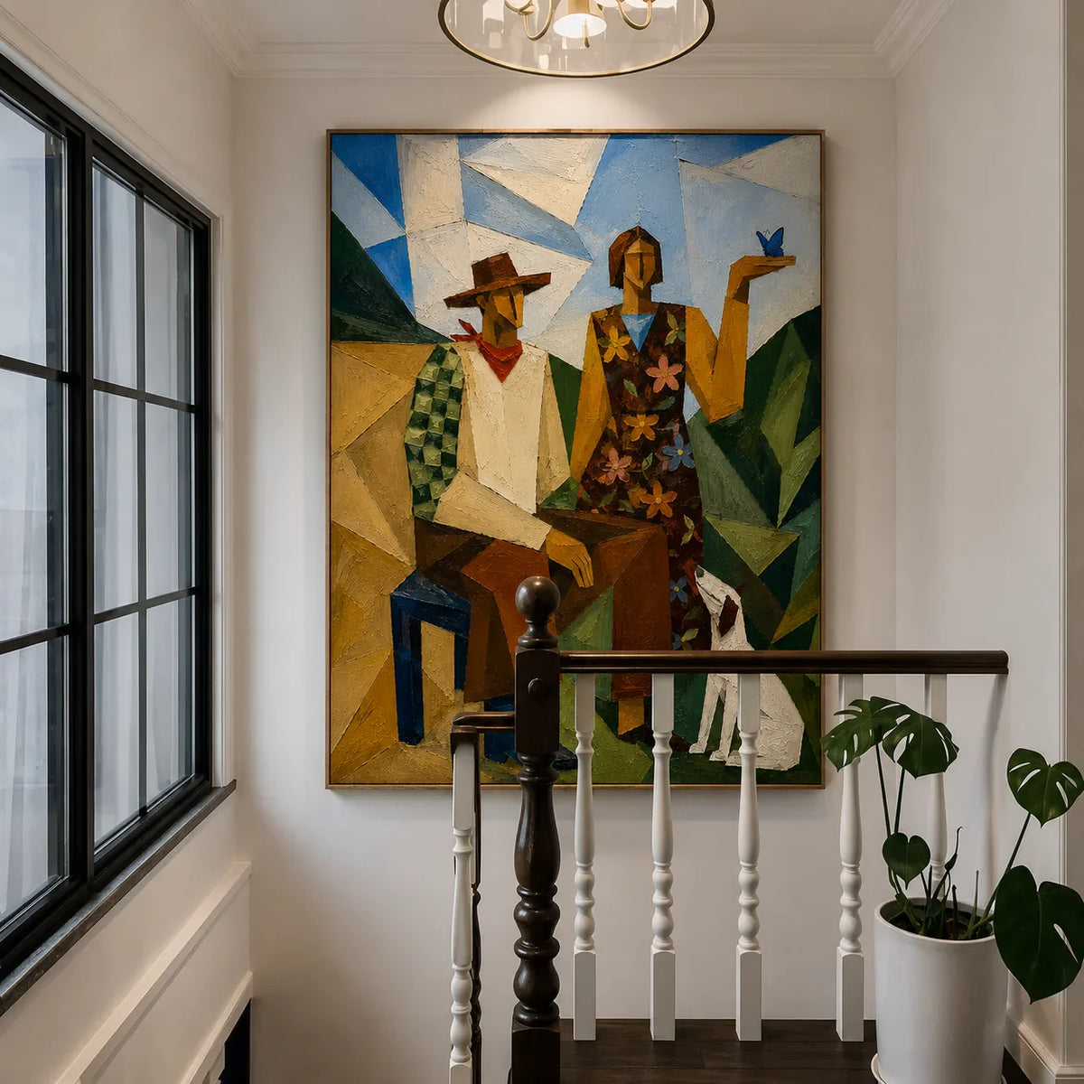 Geometric Pair with a White Dog and Blue Bird Wall Art styled interior scene 5 | Olyrel