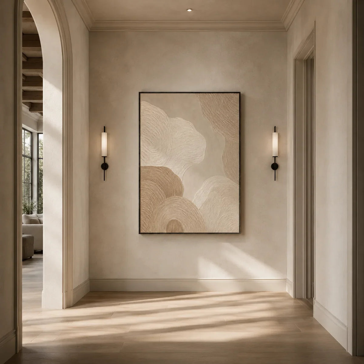 Sand Rings Textured Wall Art shown in a calm bedroom setting | Olyrel