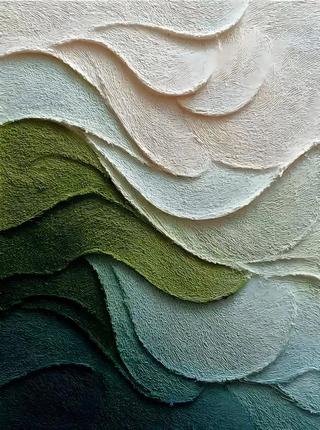 Layered Green and Ivory Waves Abstract Wall Art artwork view | Olyrel