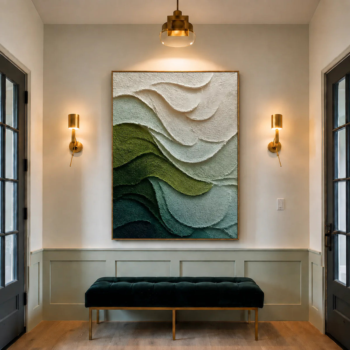 Layered Green and Ivory Waves Abstract Wall Art styled interior scene 1 | Olyrel