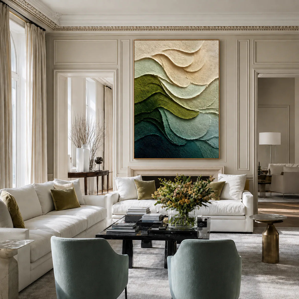 Layered Green and Ivory Waves Abstract Wall Art styled interior scene 5 | Olyrel